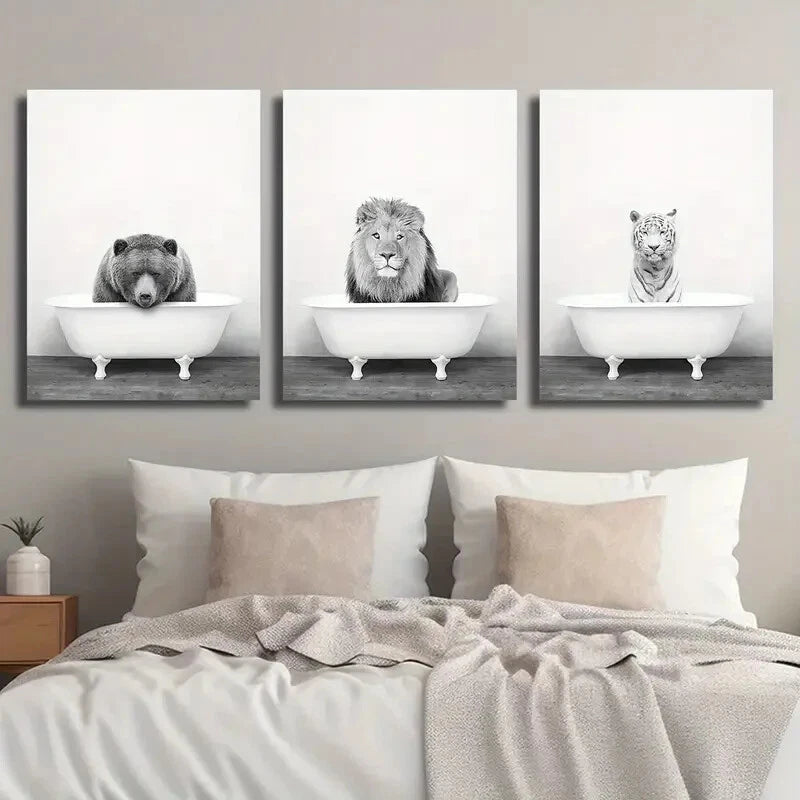 3pcs Vintage Black White Bear Lion Tiger Perfect Wall Art Set Canvas Framed 40x60cm - High Quality Print 100% Australian Made Wall Canvas Ready to Hang