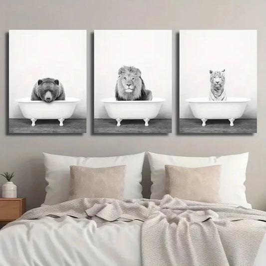 3pcs Vintage Black White Bear Lion Tiger Perfect Wall Art Set Canvas Framed 40x60cm - High Quality Print 100% Australian Made Wall Canvas Ready to Hang
