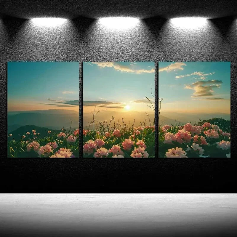 3pcs Vibrant Blooming Flowers Landscape Sunset Metal Print Ready to Hang Art