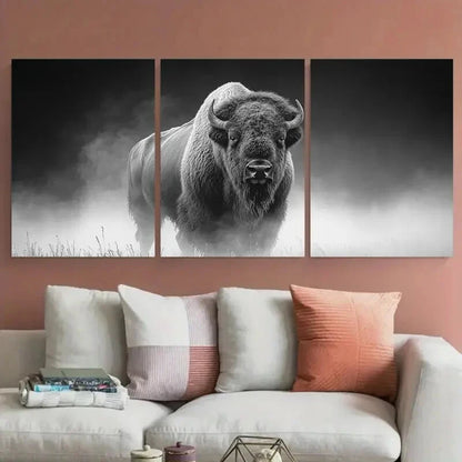 3pcs Bison in Mist Greyscale Photography Metal Print Ready to Hang Art