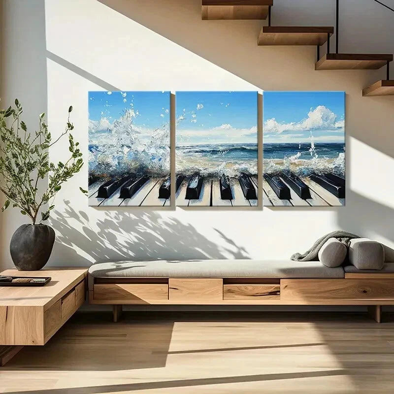 3pcs Ocean Waves Piano Keys Artwork Coastal Deco Metal Print Ready to Hang Art