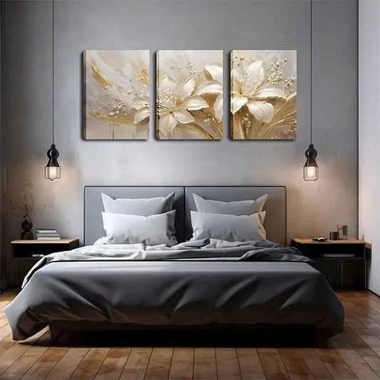 3pcs Textured Lily Golden Vintage Perfect Wall Art Set Canvas Framed 40x60cm - High Quality Print 100% Australian Made Wall Canvas Ready to Hang