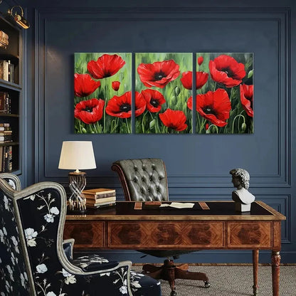 3pcs Red Flower Field Vibrant Colors Floral Art Metal Print Ready to Hang Art