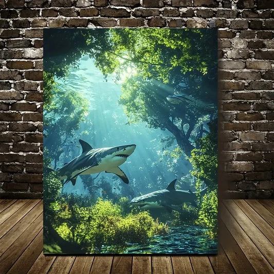 Playful Sharks in Lush Meadow Painting  40x60cm Metal Print Ready to Hang