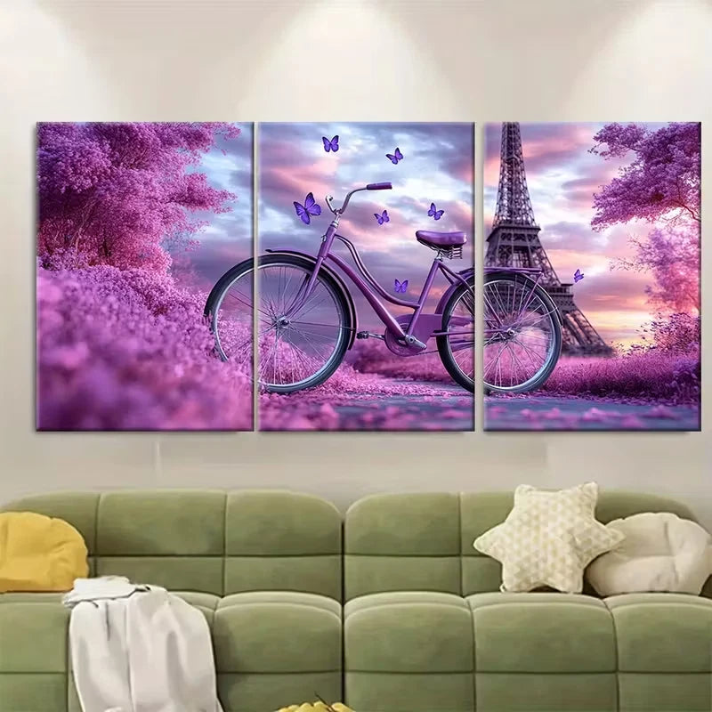 3pcs Bike with Lavender Butterflies by Eiffel TowerMetal Print Ready to Hang Art