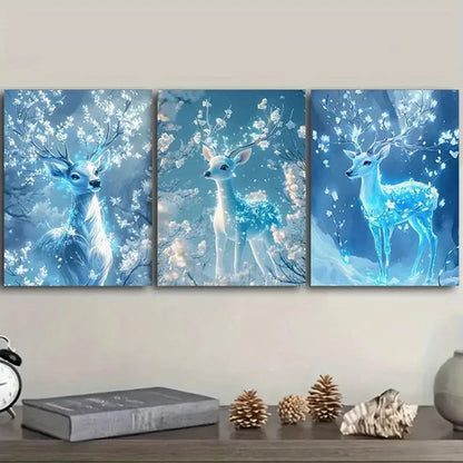 3pcs A deer with ice-blue Wall Art Set Canvas Unframed - High Quality Print 100% Australian Made Wall Canvas