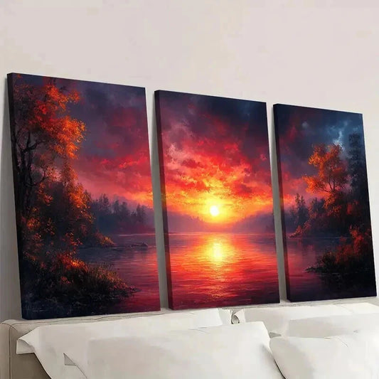 3pcs Serene Lake Sunset & Forest Scenery Wall Art Set Canvas Framed 40x60cm - High Quality Print 100% Australian Made Wall Canvas Ready to Hang