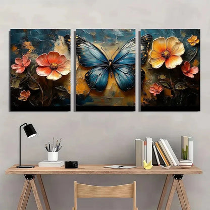 3pcs Vibrant Blue Butterfly with Orange Flowers Wall Art Set Canvas Framed 60x90cm - High Quality Print 100% Australian Made Wall Canvas Ready to Hang