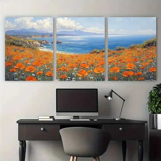 3pcs California Poppy Seascape Meadow Fields Metal Print Ready to Hang Art