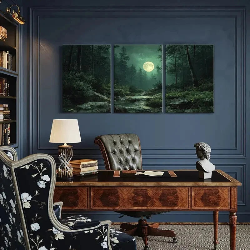 3pcs Moonlit Forest Stream Nature Landscape Metal Print Ready to Hang Art