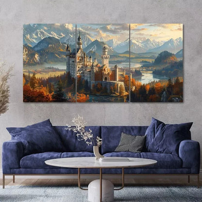 Neuschwanstein Castle Landscape 3 Piece Canvas Framed 40x60cm - High Quality Print 100% Australian Made Wall Canvas Ready to Hang