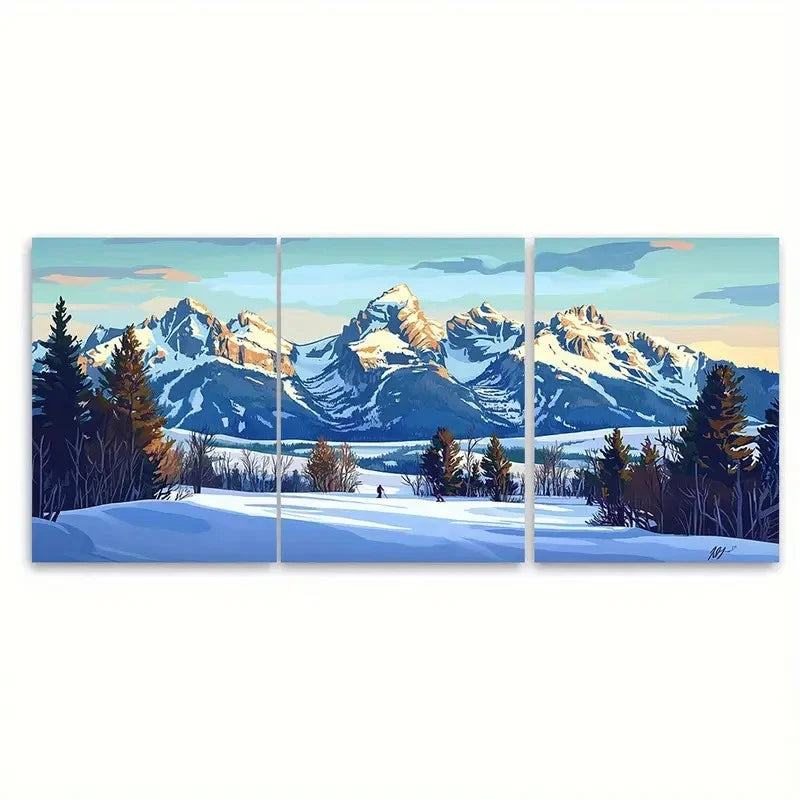 3pcs Jackson Hole Travel Mountain Resort Wall Art Set Canvas Framed 50x70cm - High Quality Print 100% Australian Made Wall Canvas Ready to Hang