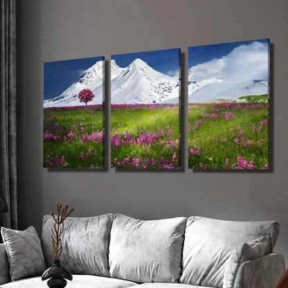 3pcs Snow Capped Mountain & Wildflowers Wall Art Set Canvas Framed 40x60cm - High Quality Print 100% Australian Made Wall Canvas Ready to Hang