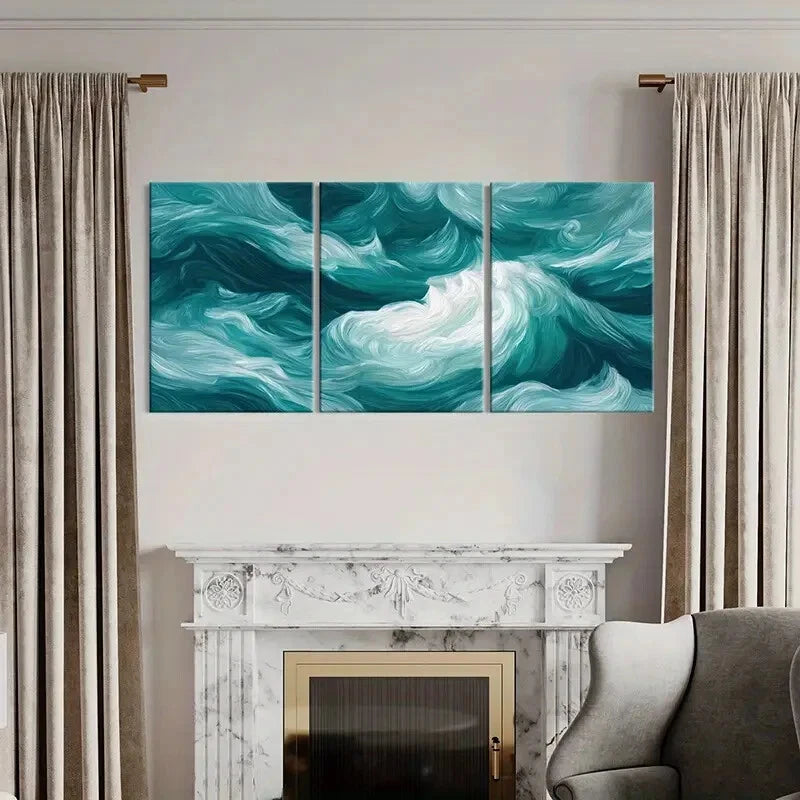 3pcs Abstract Ocean Waves Art Turquoise White Metal Print Ready to Hang Art