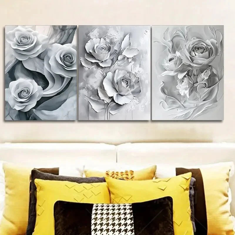 3pcs Paintings Featuring White Roses Floral Metal Print Ready to Hang Art
