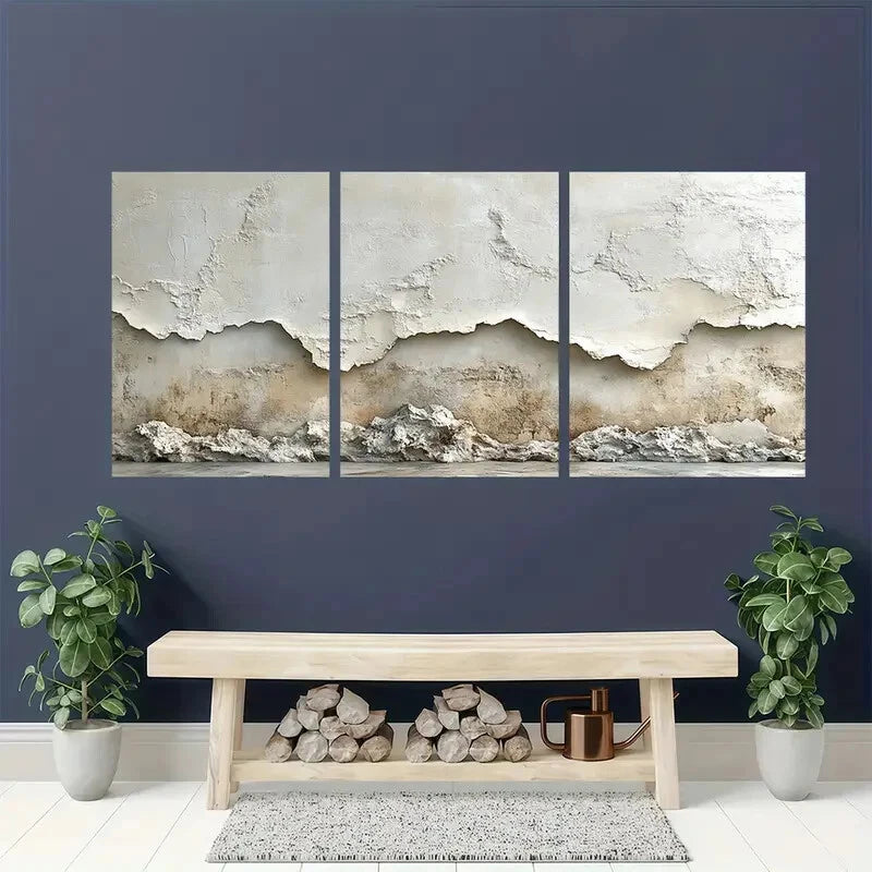 3pcs Minimalist Beige Textured Wall Art Metal Print Ready to Hang Art