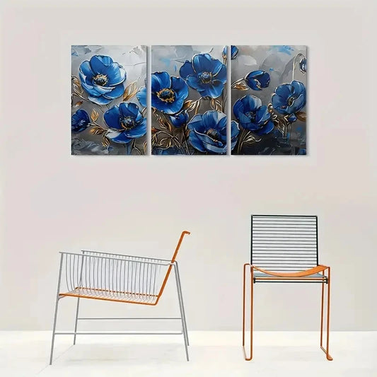 3pcs Modern Abstract Blue Flower Metal Print Ready to Hang Art