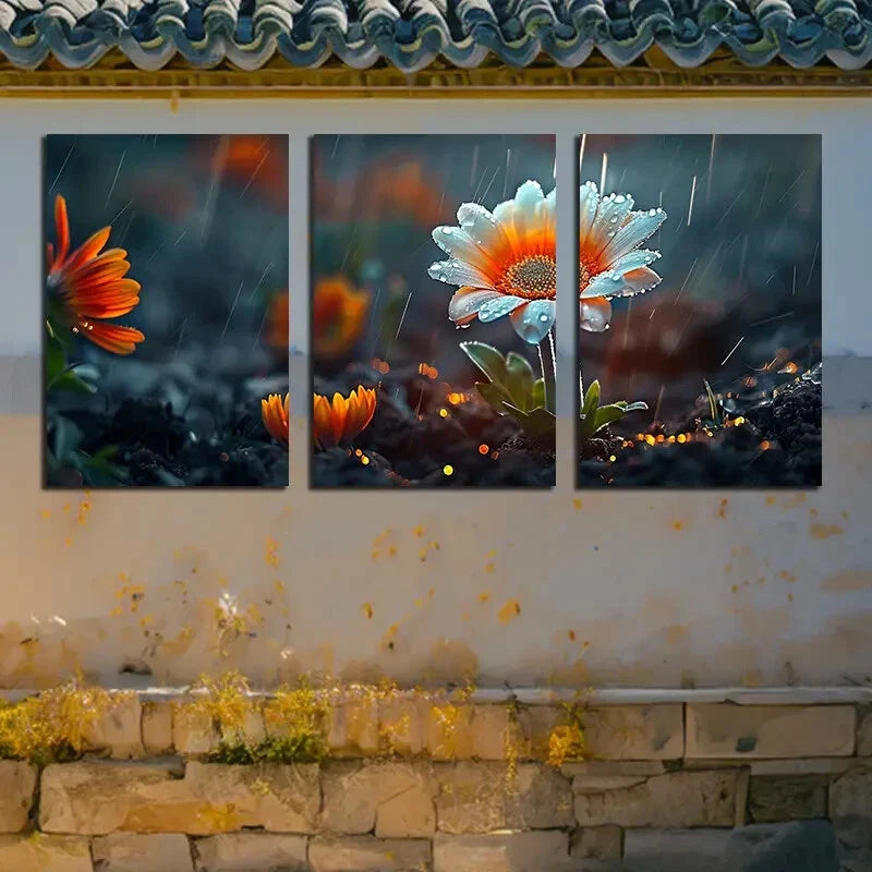 3pcs Charming Blooming Flowers on Ground Metal Print Ready to Hang Art