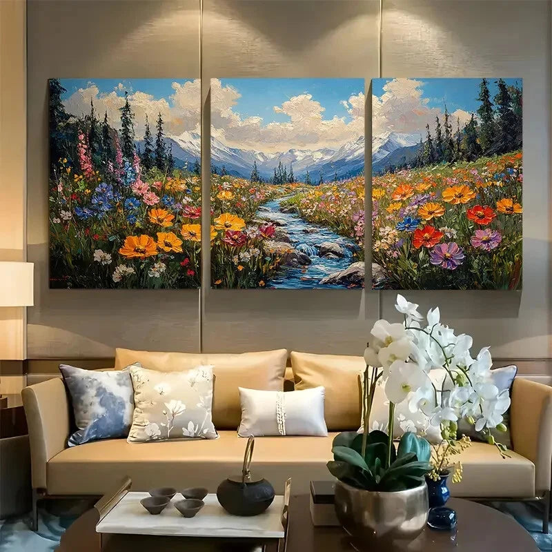 3pcs Vibrant Florals Meadow Impressionist Stream Metal Print Ready to Hang Art