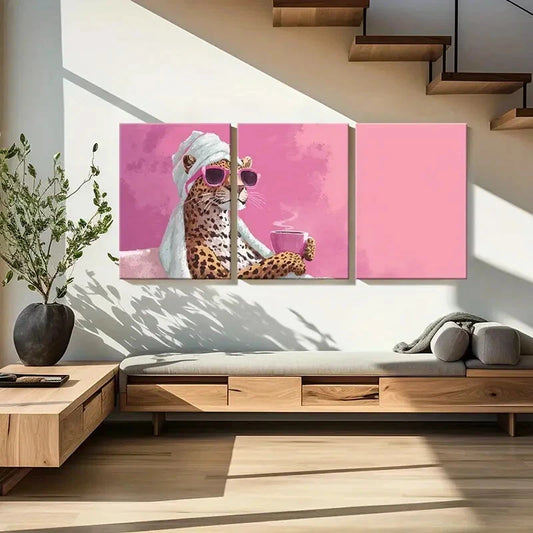 3pcs Leopard with Fashion Glasses Drinking Coffee Metal Print Ready to Hang Art