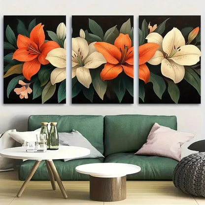 3pcs Floral Bouquet of Lilies and Green Leaves Metal Print Ready to Hang Art