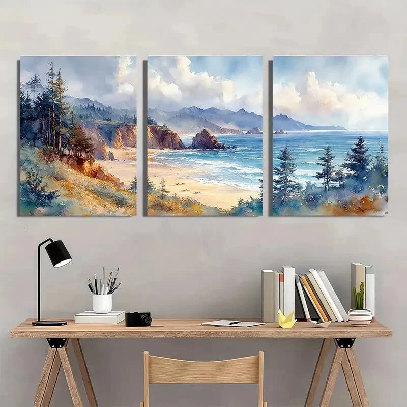 3pcs Vibrant Watercolor Landscape with Beach Metal Print Ready to Hang Art