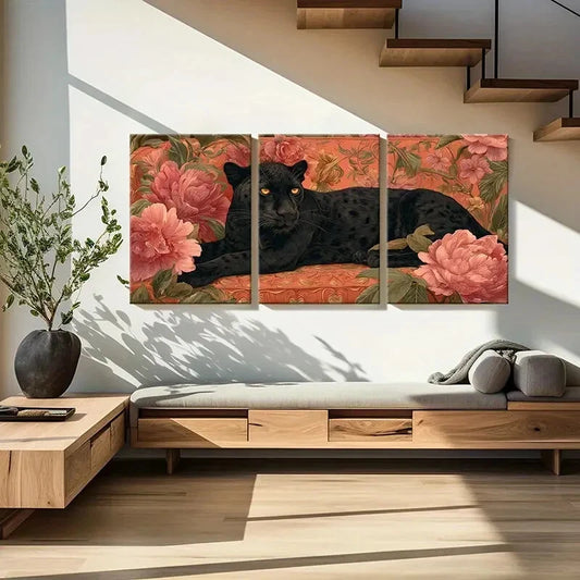 3pcs Black Panther Floral Background Artistic Metal Print Ready to Hang Art