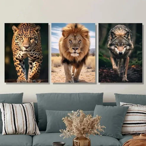 3pcs Wildlife JAGUAR, Lion and Brazilian Wolf Wall Art Set Canvas Unframed - High Quality Print 100% Australian Made Wall Canvas