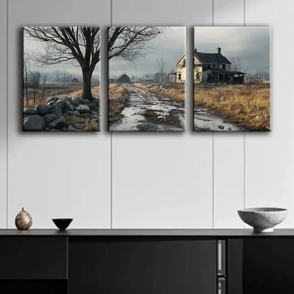 3pcs Rustic Farmhouse Scene with Chimney Metal Print Ready to Hang Art