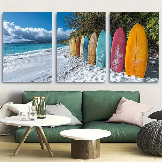 3pcs Vibrant Surfboards On A Snowy Beach Metal Print Ready to Hang Art