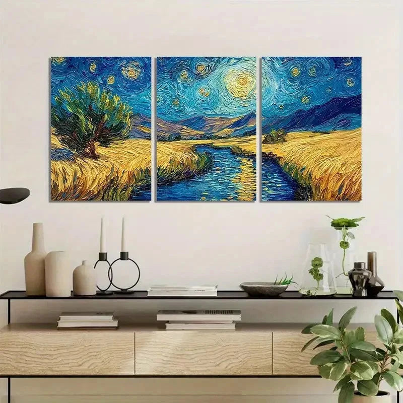 3pcs Van Gogh Starry Night Oil Paintings Metal Print Ready to Hang Art