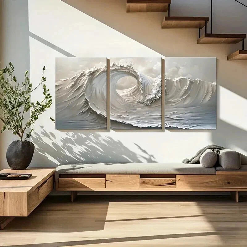 3pcs Abstract Ocean Wave Monochromatic Wall Art Set Canvas Framed 40x60cm - High Quality Print 100% Australian Made Wall Canvas Ready to Hang