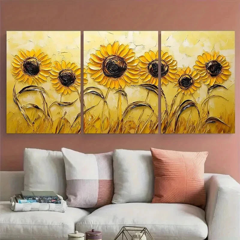 3pcs Vibrant Sunflower Yellow Floral Impasto Metal Print Ready to Hang Art