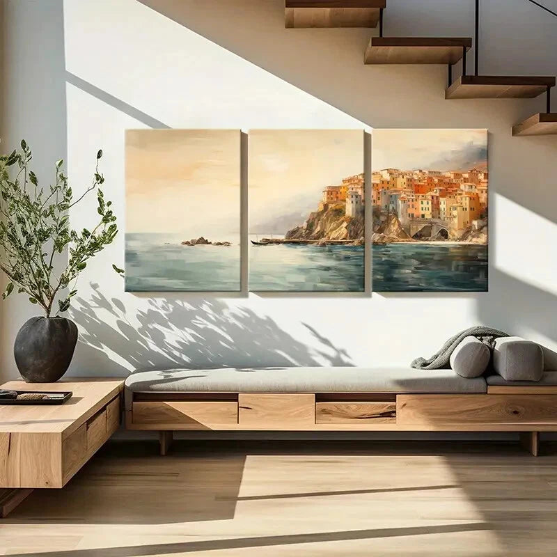 3pcs Cliffside Village Serene Waters Metal Print Ready to Hang Art