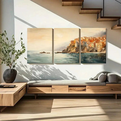 3pcs Cliffside Village Serene Waters Metal Print Ready to Hang Art