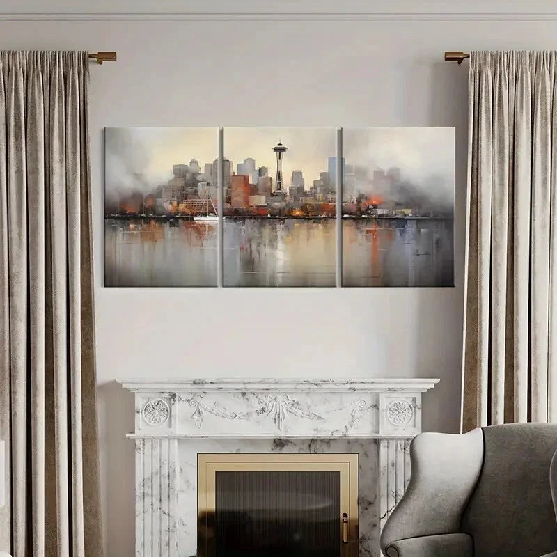 3pcs Abstract Cityscape Space Needle Metal Print Ready to Hang Art