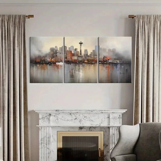 3pcs Abstract Cityscape Space Needle Metal Print Ready to Hang Art