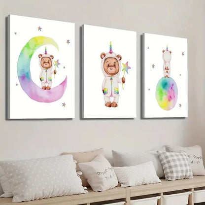 3pcs Watercolor Style Unicorn Bear Wall Art Set Canvas Unframed - High Quality Print 100% Australian Made Wall Canvas