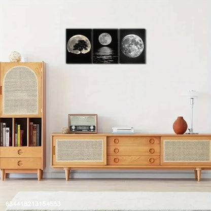 3pcs Moon and Sea Trees Black and White Art Deco Metal Print Ready to Hang Art
