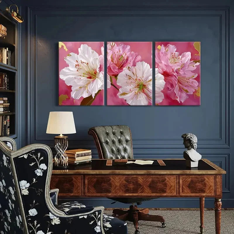 3pcs Elegant Floral Art Pink White Flowers Metal Print Ready to Hang Art