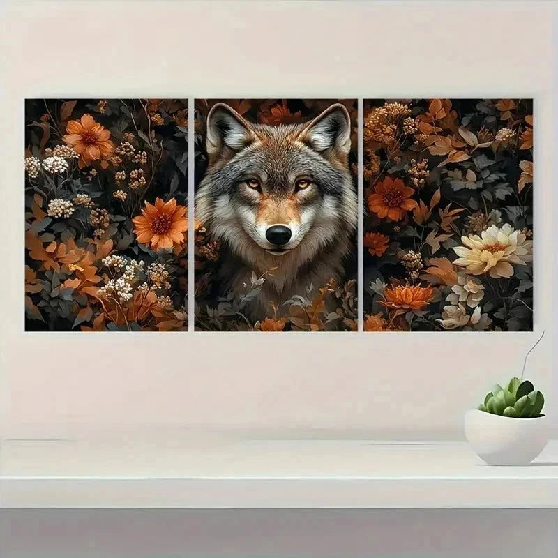3pcs Wolf and Floral Metal Print Ready to Hang Art