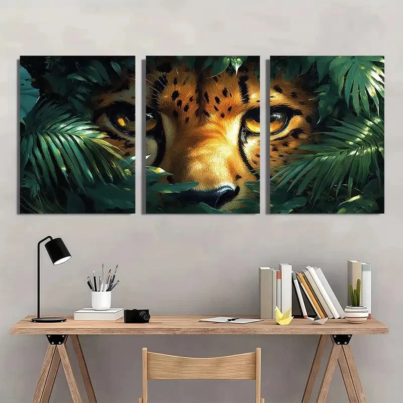 3pcs Tropical Foliage Vibrant Green Wildcat Eyes Wall Art Set Canvas Framed 60x90cm - High Quality Print 100% Australian Made Wall Canvas Ready to Hang