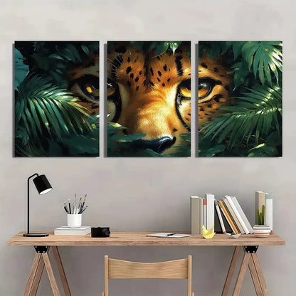 3pcs Tropical Foliage Vibrant Green Wildcat Eyes Wall Art Set Canvas Framed 60x90cm - High Quality Print 100% Australian Made Wall Canvas Ready to Hang