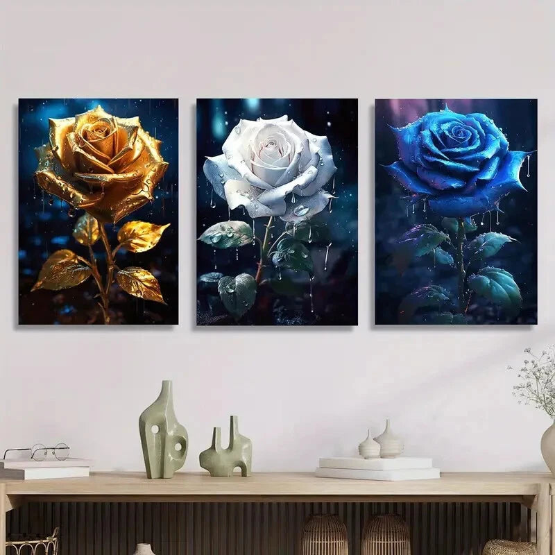 3pcs Rose Flower Art, Golden, White, Blue Metal Print Ready to Hang Art
