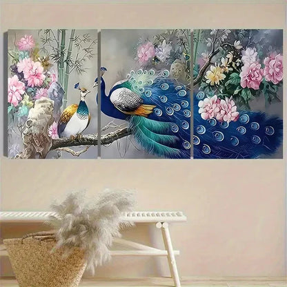 3pcs PeaRooster and Flowers Illustration Wall Art Set Canvas Unframed - High Quality Print 100% Australian Made Wall Canvas