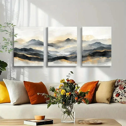 3pcs Beige & Gray Tones Misty Mountain Wall Art Metal Print Ready to Hang Art
