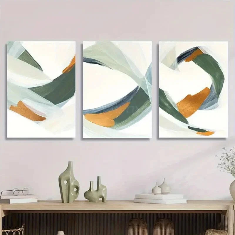 3pcs Colorful Sage Green And Golden Abstract Art Metal Print Ready to Hang Art