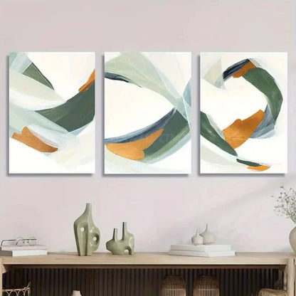 3pcs Colorful Sage Green And Golden Abstract Art Metal Print Ready to Hang Art