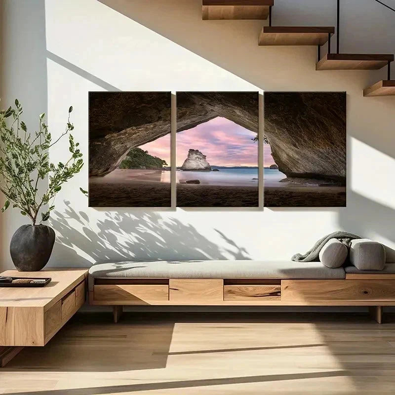 3pcs Seaside Cave Sea Sunset Modern Wall Art Set Canvas Framed 40x60cm - High Quality Print 100% Australian Made Wall Canvas Ready to Hang
