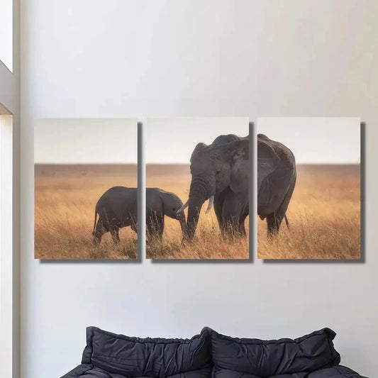 3pcs Wildlife, Elephant and Baby Elephant Metal Print Ready to Hang Art
